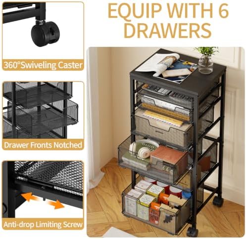 Sbanmao 6 Drawers Rolling Utility Cart, Rolling Storage Cart with Wooden Tabletop, Storage Drawer Cart on Lockable Wheels, Craft Cart for Bedroom, Classroom, Office, Black - Image 5