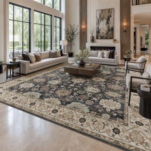 AMADA HOMEFURNISHING 9x12 Area Rug for Living Room, Vintage Washable Area Rug Low-Pile & Non-Slip Carpet for Bedroom Dining Room Nursery Home Office, Black/Brown - Image 2