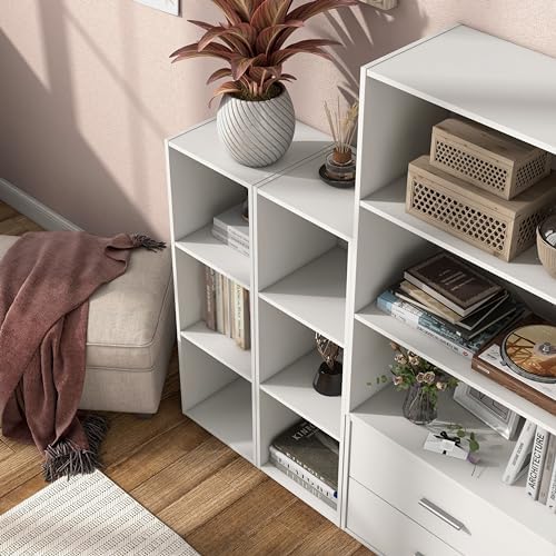Homes: Inside + Out Apexa 3-Cube Storage Organizer Shelves, Stackable Wood Bookcase Fits Cubby Bins for Organization, Dorm Teen Room Decor & Home Office, White - Image 2