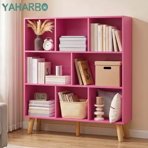 YAHARBO 8 Cube Bookshelf,3 Tier Bookcase with Legs,Pink Mid-Century Modern Bookshelves,Large Free Standing Open Storage Organizer Shelf,Tall Wooden Book Case Furniture for Bedroom,Living Room,Office - Image 3