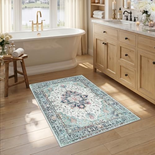 RELEANY Washable Area Rug, Small 2'6"x4', Teal Green/White/Navy by RELEANY