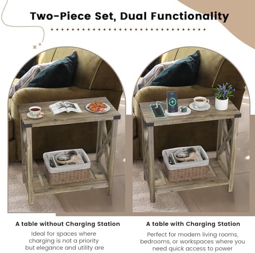 Hadulcet Farmhouse End Tables Living Room Set of 2 - Narrow Side Table with Charging Station, Slim Nightstand for Small Space, Skinny Bedside Table, Sofa Side Table with Storage Shelf, Elegant Gray - Image 7