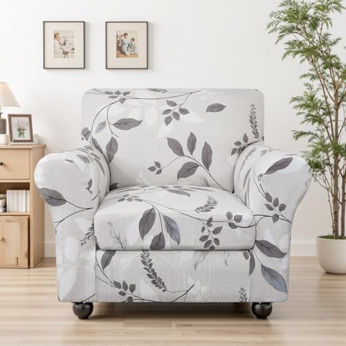 SearchI Stretch Sofa Cover Printed Couch Covers, Floral Pattern 2 Piece Armchair Slipcover with Separate Chair Cushion Cover, Washable Furniture Protector for Living Room(Armchair, Elegant Foliage) - Image 2