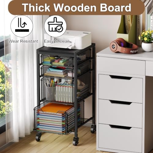Rolling Storage Cart with Drawers, Under Desk Storage with Wooden Tabletop & Lockable Wheels, 4-Tier Storage Drawers for Bathroom, Craft, Office, Black - Image 5