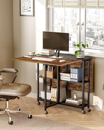 CHOEZON Folding Dining Table, Movable Dining Table, Expandable Kitchen Table, Versatile Table with 6 Wheels and 2-Tier Shelf, for Dining, Living Room, Apartment, Rustic Brown TCZ01BF - Image 5