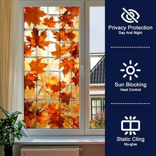 HOMETITUTE Autumn Maple Leaf Grid Privacy Window Cling 18x39 PVC - Image 2