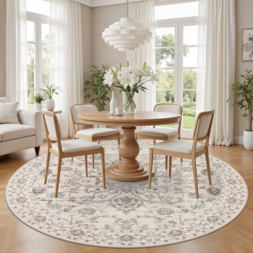 Round Area Rug for Living Room: 6ft Boho Washable Rug Brown Beige - Image 3