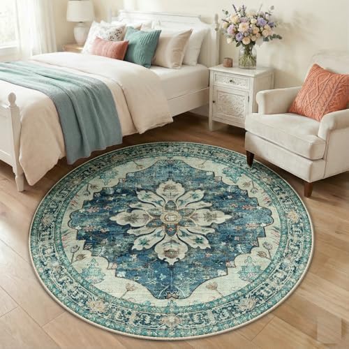 RELEANY Washable Area Rug, Round 5ft, Blue/Vintage Dark Blue - Image 2