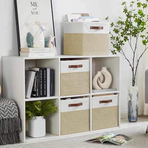 Bagnizer Collapsible Fabric Storage Cube Bins with 2 Reinforced PU Handles, Foldable Storage Organizer Baskets for Closet, Shelves, Living Room | 13"x13"x13", 4 Pack, Beige & White - Image 6