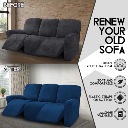 ULTICOR Velvet 8-Pieces Recliner Sofa Covers Stretch Reclining Couch Covers for 3 Cushion Reclining Sofa Slipcovers Furniture Covers Thick Soft Washable (3 Seater Recliner Cover, Navy) - Image 5