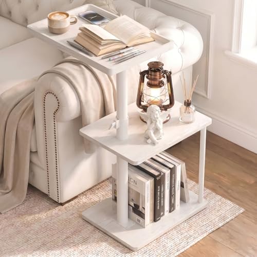 Faesun C Table End Table Adjustable Height, 360°Swivel TV Tray Table for Small Spaces, Small Nightstand for Living Room, Bedroom, White by Faesun