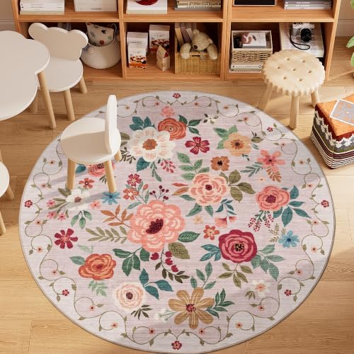 DUKINO 5ft Round Rug, Non Slip Floral Washable Small Circle Rug, Beige - Image 3