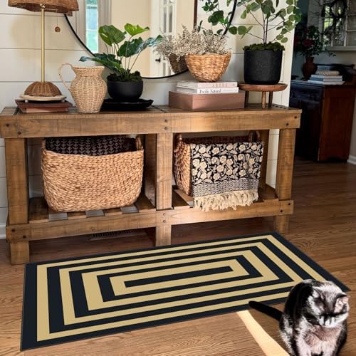 Front Door Mat Indoor Entrance - 2x4.3 Modern Black Tan Striped Rug - Image 7