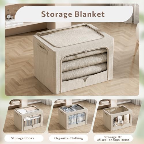 FHSQX 3 Pack Clothes Storage Bins Foldable Metal Frame Storage Box Extra Large Stackable Linen Fabric Organizer Set with Carrying Handles and Clear Window (Beige, 23.6x16.5x15.7inch(100L)) - Image 4