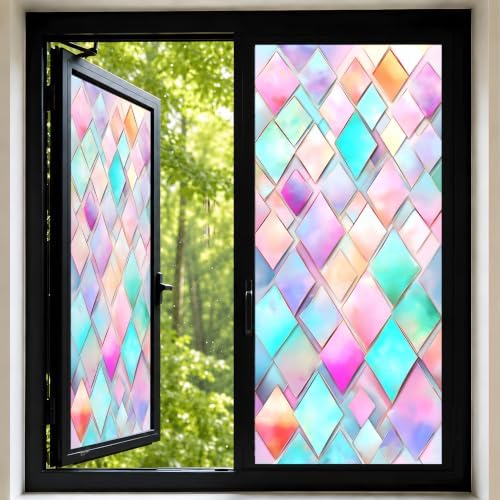 Rainbow Stained Glass Window Film, Geometric Privacy Window Film Static Cling, 17.5 x 39.4 Inch No Glue Removable Decorative Window Cling for Kitchen Bathroom Bedroom Office by KKYEJLQYI