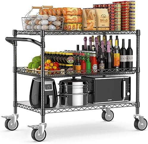 Leteuke Heavy Duty Rolling Utility Cart, 45 Inch Kitchen Carts with Wheels, NSF Commercial Grade with Handle & Shelf Liners, 1120LBS Storage Cart for Kitchen,Restaurant,Plant Display-Black by Leteuke