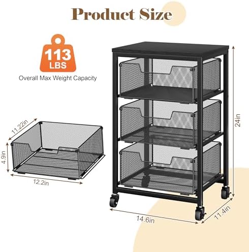 Under Desk Storage Cart with Lockable Wheels, 3-Drawer Rolling Storage Cart, Metal Utility Cart with Drawers for Art, Cart, Classroom, Office, Kitchen, Bedroom, Dorm Storage Under Bed - Image 2