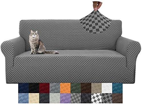 YEMYHOM Couch Cover Latest Jacquard Design High Stretch Sofa Covers for 3 Cushion Couch, Pet Dog Cat Proof Slipcover Non Slip Magic Elastic Furniture Protector (Large, Dark Gray Checkered) by YEMYHOM