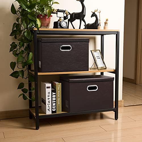 PRANDOM Large Stackable Storage Boxes with Lids [5-Pack] Leather Fabric Foldable Storage Bins Organizer Containers Baskets Cubes with Cover for Bedroom Closet Office Nursery Brown(17.7x11.8x11.8) - Image 3