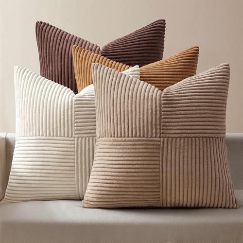 MIULEE Brown Throw Pillow Covers 18x18 Inch Set of 4 Boho Farmhouse Cushion Cases Neutral Gradient Corduroy Pillow Cases with Invisible Zipper Patchwork Home Decor for Couch Sofa Bed by MIULEE
