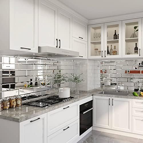 Peel and Stick Mirror Tiles, 4x12 Inch Silver Beveled Mirror Subway Tiles for Kitchen Backsplash Bathroom Wall 15 Pcs - Image 2
