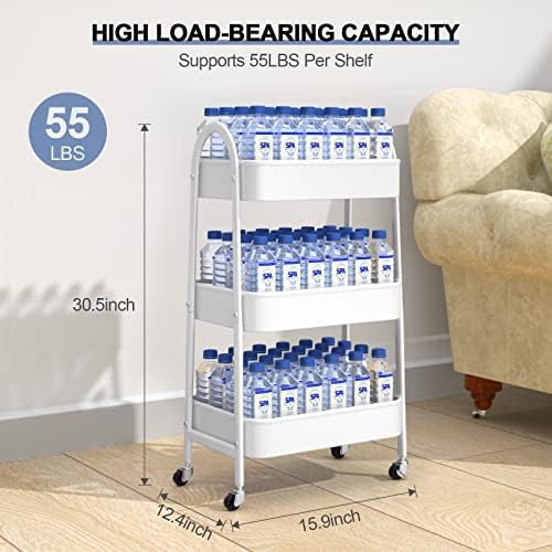 EAGMAK 3 Tier Utility Rolling Cart, Metal Storage Cart with Handle and Lockable Wheels, Multifunctional Storage Organizer Trolley with Mesh Baskets for Kitchen, Living Room, Office, Garage (White) - Image 6