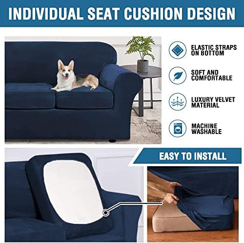 H.VERSAILTEX Velvet 4 Piece High Stretch Sofa Slipcover Sofa Cover Furniture Protector Form Fit Luxury Thick Velvet Extra Large Sofa Cover for 3 Cushion Couch Width Up to 105 Inch (XL Sofa, Navy) - Image 6