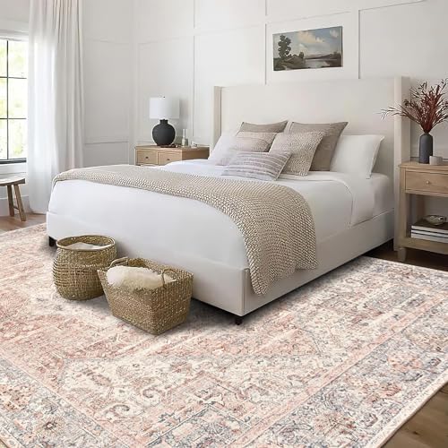 ReaLife Rugs Machine Washable Area Rug - Living Room Bedroom Bathroom Kitchen Entryway Office - Padded Low Pile Stain Resistant Premium - Boho Farmhouse Vintage - Lyle - Gray Ivory Blush 4' x 6' - Image 5