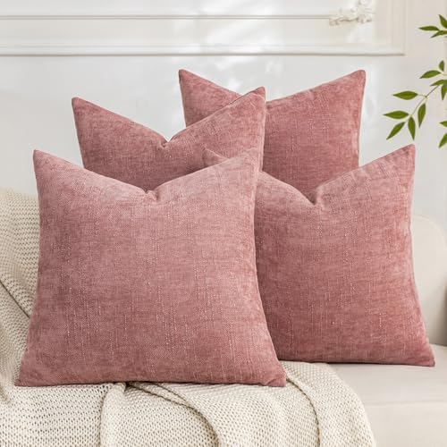 Set of 4 Soft Textured Decorative Throw Pillow Covers 18x18 Inch Cozy Farmhouse Cushion Cover Square Accent Pillow Cases for Bed Couch Sofa Living Room, Plum Pink by Cozoomy