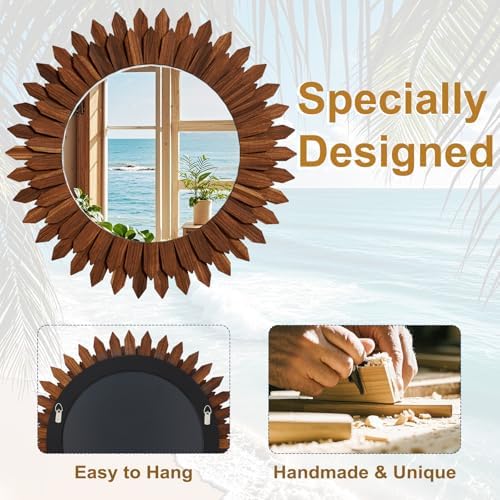 24" Walnut Round Sunburst Wooden Mirror Boho Rustic Wall Decor - Image 5