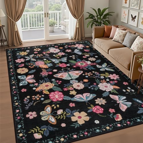 6x9 Area Rug Living Room: Soft Floral Washable Boho Carpet Black - Image 2