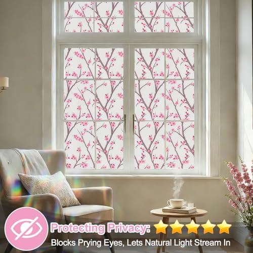 Countewol Stained Glass Privacy Window Film Static Cling Window Film Anti-Glare UV Protection Removable Decorative Window Clings for Home（Frosted Sakura 78.7" L*23.6" W - Image 5