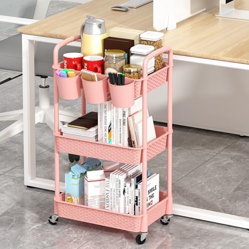 MOYIPIN 3-Tier Plastic Rolling Utility Cart with Handle,Pink - Image 4