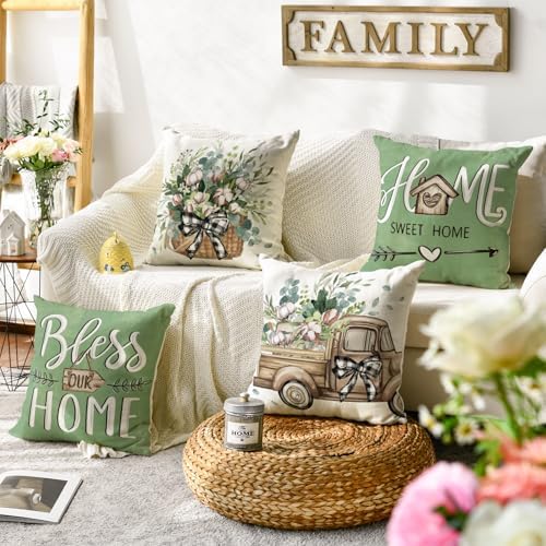 AVOIN colorlife Bless Our Home Farmhouse Eucalyptus Leaves Throw Pillow Covers, 18 x 18 Inch Truck Home Sweet Cushion Case Decorations Set of 4 - Image 2