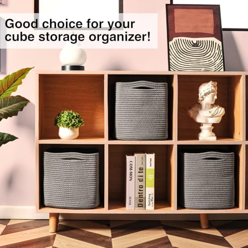 11 Inch Cube Storage Bins, 11x11 Organizer Bins for Cube Organizer, Square Cloth Storage Cubes, Woven Storage Baskets for Shelves, Toy Rope Baskets Storage Kids, Grey (Pack of 3) - Image 4