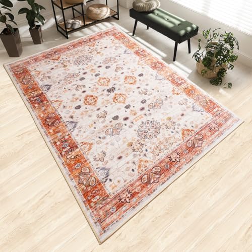 Hanples 5x8 Area Rugs for Living Room, Washable Rug Vintage Floral, Orange - Image 6