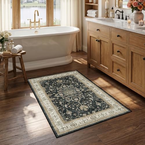 RELEANY Washable Area Rug, Small 2'6"x4', Black/Vintage/Beige by RELEANY
