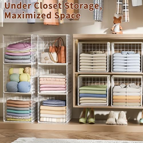 Hencawima 4 Pack Closet Organizers and Storage with Wood Top, Stackable Closet Shelf Organizer, Double Storage Design, Clothes Storage Basket/Cube Organizer for Wardrobe, Sturdy, White - Image 6