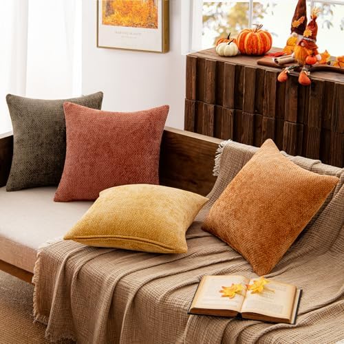 MIULEE Decorative Chenille Fall Pillow Covers Orange Brown 18x18 Pack of 4 - Image 3