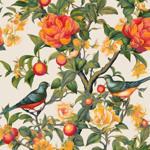 Danodoi Orange Vintage Bird and Stick Wallpaper 17.5" x 393" | Waterproof Vinyl Self Adhesive Removable Renter Friendly Floral Contact Paper by DANODOI