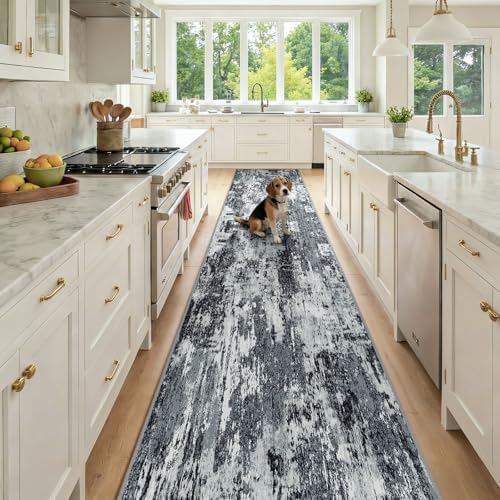 RELEANY Washable Runner 2'6"x14' Abstract Area Rug for Hallway Black White by RELEANY
