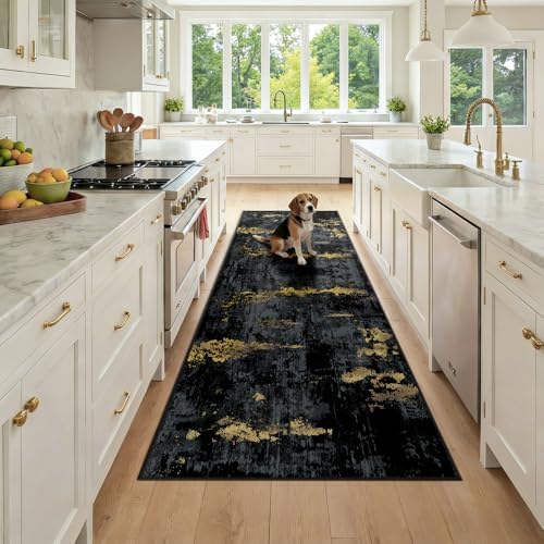 RELEANY Washable Runner 3'x8' Abstract Area Rug for Hallway Black Gold by RELEANY