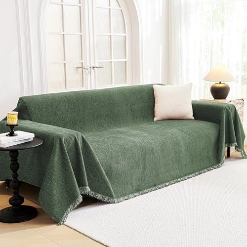 MYSKY HOME Couch Cover for Dogs, Washable Couch Covers, Non Slip Couch Sofa Cover, Couch Cover 2 Cushion Sofa Dogs Furniture Protector with Tassels Chenille Sofa Covers for Pets, 71"x118", Moss Green by MYSKYHOME