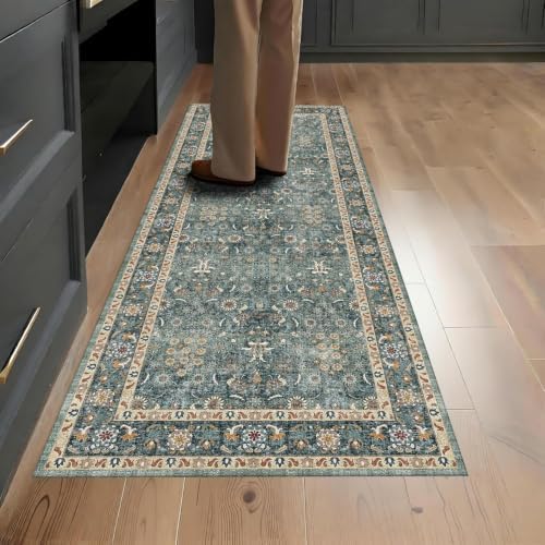 2x5 Washable Entryway Runner Rug, Vintage Kitchen Non Slip Green - Image 4