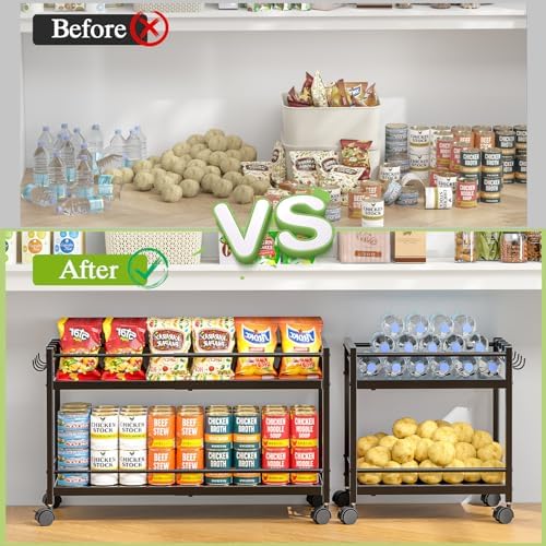 1 Pack 2-Tier Expandable Pantry Floor Organizer Cart, Rolling Pantry Storage Cart with Wheel, Adjustable Can Organizer for Kitchen Pantry, Pantry Shelves and Storage Rack for Snacks, Vegetables, Black - Image 5