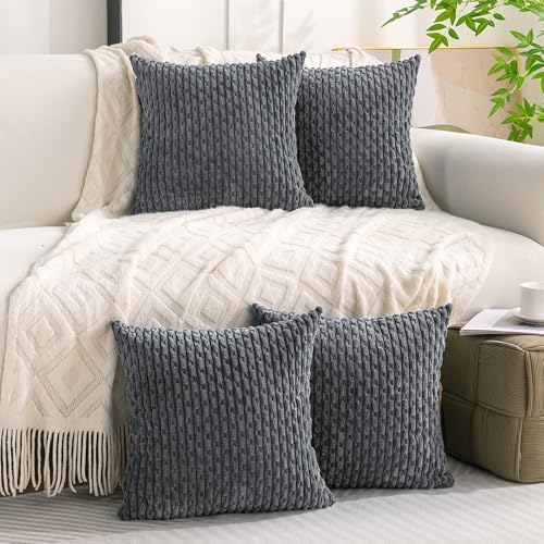 Set of 4 Medium Grey Decorative Throw Pillow Covers 20x20 Inch Corduroy Pillow Covers for Bed Couch Sofa Living Room Soft Square Cushion Cases - Image 2
