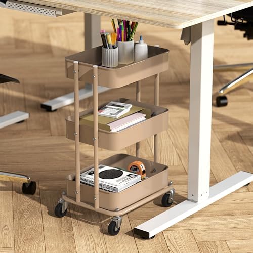 Simple Houseware 3-Tier Utility Cart, Low 24" Height Fits Under Desk, Khaki - Image 2