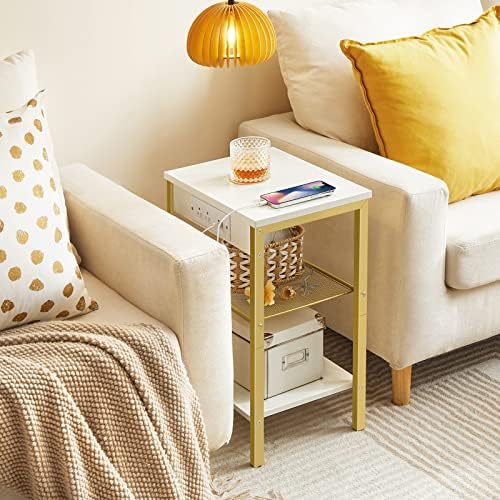 HOOBRO Side Tables Set of 2 with Charging Station and USB Port, Small End Tables for Small Space, 3-Tier Nightstands with Adjustable Shelf, for Living Room, Bedroom, White and Gold DW112BZP201G1 - Image 5