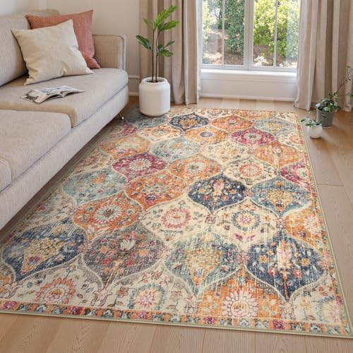 Lahome Moroccan Machine Washable Rugs for Living Room, 4x6 Rug for Bedroom Non-Slip Vintage Trellis Ultra-Thin Throw Carpet for Dining Room Office Nursery Elise, Cream/Multi by Lahome