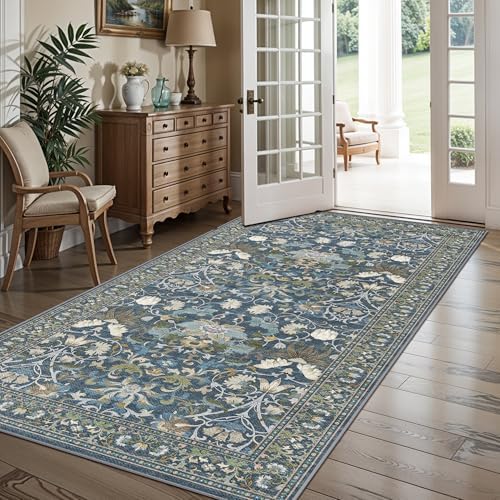 4x8 Washable Kitchen Area Rug: Farmhouse Stain-Resistant Elegant Floral Rug for Living Room Bedroom Wide Soft Carpet for Entryway Bathroom Thin Hallway Floor Mat with Non Slip Backing(4x8,Floral/Blue) by HYHAOYUNLAI